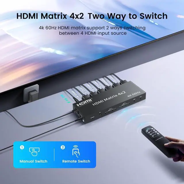 Alt view image 3 of 7 - BUCIER 4x2 HDMI Matrix, 4K@60Hz 4 in 2 Out HDMI Switch Splitter with IR Remote, HDMI Matrix Switch + Optical + 3.5mm Audio Output, Support HDMI2.0, HDCP2.2, Auto Downscaler, 3D, Audio Extractor