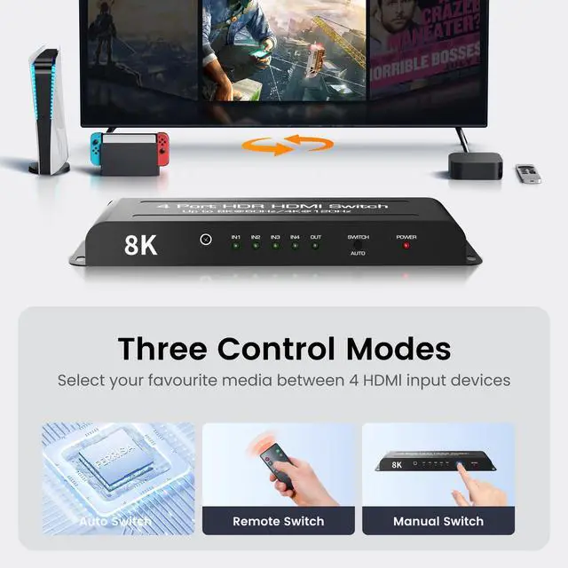 Alt view image 5 of 7 - BUCIER 8K HDMI 2.1 Switch 4 in 1 Out, 4K@120Hz HDMI Switcher Selector 4 Port with IR Remote Support 8K@60Hz, Auto Switch, HDCP 2.3, HDR 10+, VRR, CEC for Xbox, PS5, Fire Stick, Projector