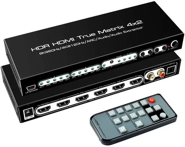 Main image of BUCIER 8K 4X2 HDMI Matrix 4 in 2 Out HDMI 2.1 Matrix HDMI Video Switcher Splitter +Optical & L/R Audio Output,Support 4K 120Hz,HDR10 HDCP2.3 Dol-by Vision Atmos SPDIF 5.1CH ARC CEC with IR Remote