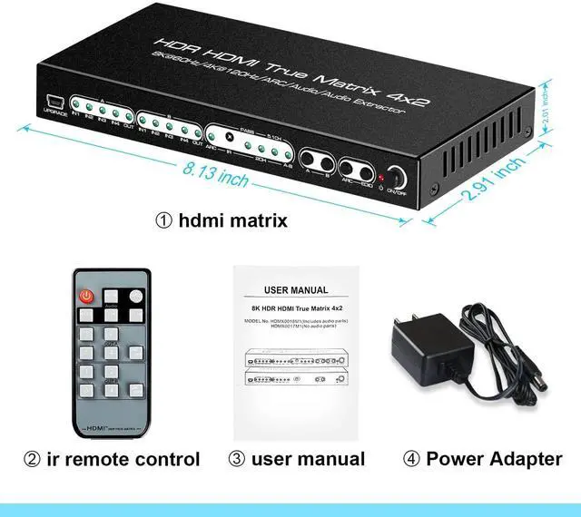 Alt view image 6 of 7 - BUCIER 8K 4X2 HDMI Matrix 4 in 2 Out HDMI 2.1 Matrix HDMI Video Switcher Splitter +Optical & L/R Audio Output,Support 4K 120Hz,HDR10 HDCP2.3 Dol-by Vision Atmos SPDIF 5.1CH ARC CEC with IR Remote