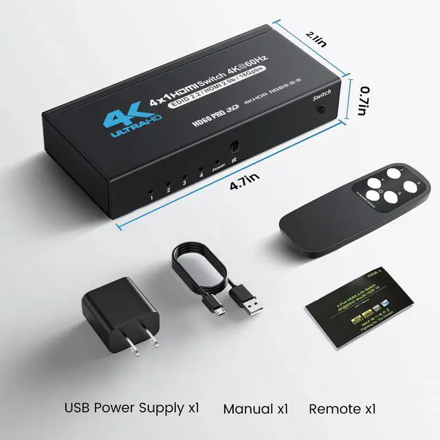 Alt view image 7 of 7 - BUCIER HDMI Switch 4 in 1 Out 4K@60Hz, 4x1 HDMI Splitter Switcher with IR Remote, 4 Port HDMI Selector Box Support HDMI2.0, Dolby Vision/Atmos, HDR10 for Switch, Xbox, PS5/4, Roku, Fire Stick