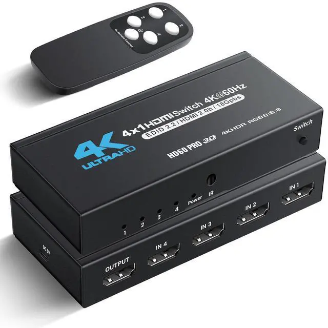 Main image of BUCIER  [Upgrade] 4K@60Hz HDMI Switch 4 in 1 Out with Type-C charging cable, HDMI Switcher with IR Remote, 4 Port HDMI Selector Box Support HDMI 2.0, Compatible with TV PS5/4 Xbox Laptops PC Projector