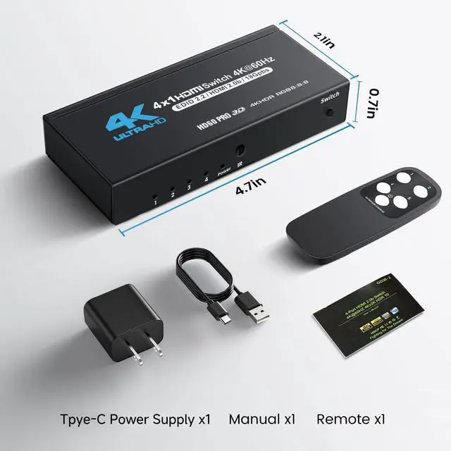 Alt view image 7 of 7 - BUCIER  [Upgrade] 4K@60Hz HDMI Switch 4 in 1 Out with Type-C charging cable, HDMI Switcher with IR Remote, 4 Port HDMI Selector Box Support HDMI 2.0, Compatible with TV PS5/4 Xbox Laptops PC Projector