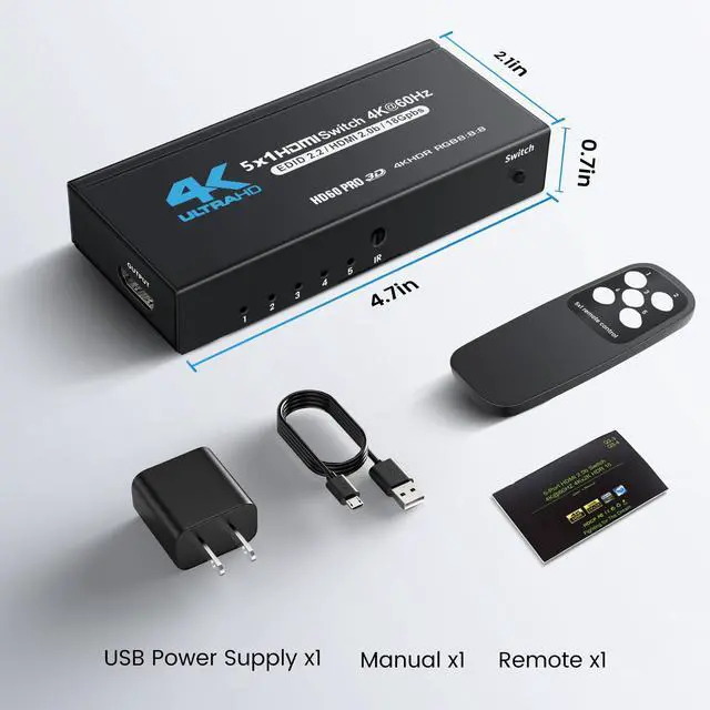 Alt view image 6 of 6 - BUCIER HDMI Switch 5 in 1 Out 4K@60Hz, 5x1 HDMI Splitter Switcher with IR Remote, 5 Port HDMI Selector Box Support HDMI2.0, Dolby Vision/Atmos, HDR10 for Switch, Xbox, PS5/4, Roku, Fire Stick