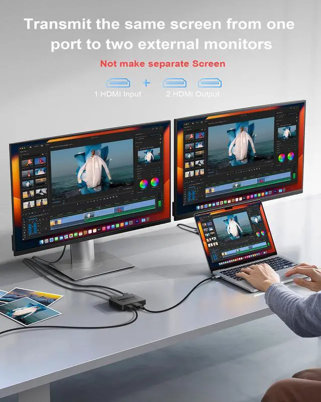 Alt view image 4 of 7 - HDMI Splitter 1 in 2 Out, 4K HDMI Splitter Not for Extended Display (Mirror Only/Copy Mode),Sends Same Content to 2 Screens(Need Power 5V 1A), Works with Laptop,TV,Monitor(Hdmi Cable Not Included)