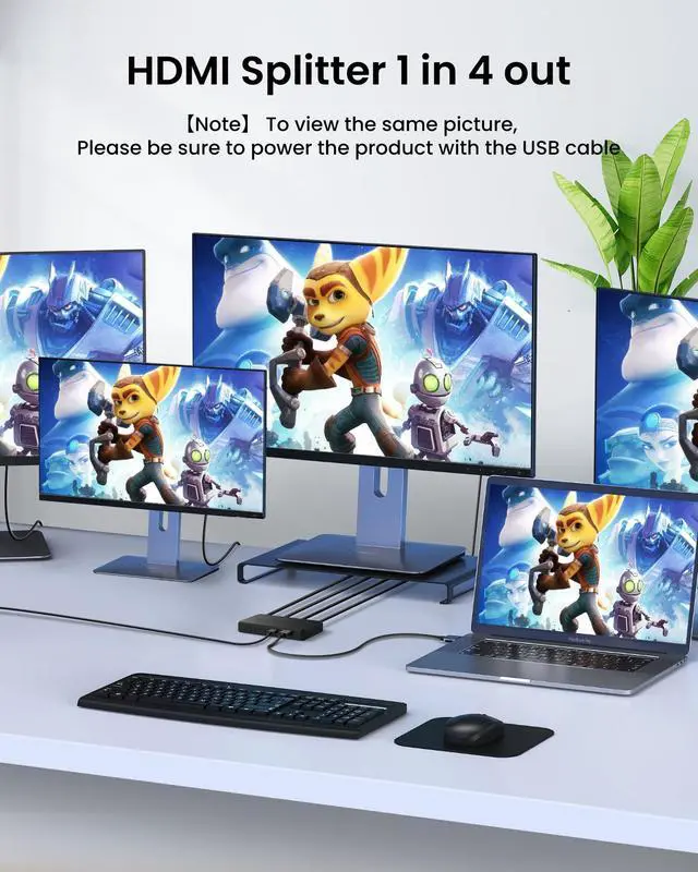 Alt view image 3 of 7 - BUCIER HDMI Splitter 1 in 4 Out Support Duplicate/Mirror 1 Source Screen to 4 HDM-I Display Devices(Not Extend), 4 Port Hdmi Splitters for 3D,1080P, UHD TV(Not Include HDMI Cable)