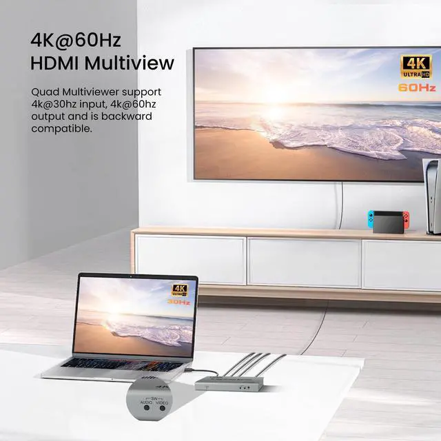 Alt view image 4 of 7 - BUCIER 4k@60hz HDMI Multi-Viewer Switch with PIP, HDMi Multi-Switcher 4 in 1 Out for Seamless Switch, 4x1 HDMI Multiviewer Supports 8 Viewing Modes, 4k x 2k, 1080P, for Xbox, PS4/5