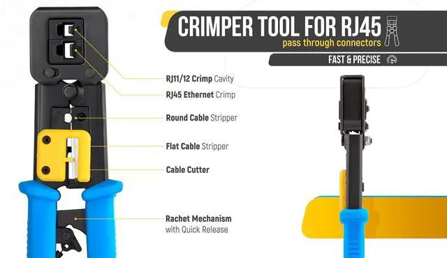 Alt view image 3 of 7 - BUCIER Bundle - 2 Items : RJ45 Crimping Tool Kit + RJ45 Cat6 Pass Through Connectors - Pack of 200