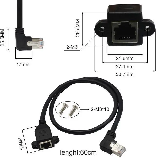 Alt view image 5 of 7 - BUCIER Panel Mount RJ45, RJ45 Male to Female 90 Degree Screw Panel Mount CAT6/5e/5 Shielded Network LAN Extender Cord Connector (Angled Left) 60cm
