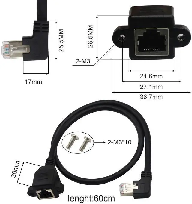 Alt view image 5 of 7 - BUCIER Panel Mount RJ45,RJ45 Male to Female 90 Degree Screw Panel Mount CAT6, CAT5e, CAT5 Shielded Network LAN Extender Cord Connector (Angled Right) 60CM