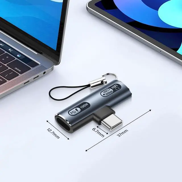 Alt view image 3 of 7 - BUCIER USB C 2 in1 Headphone Adapter USB3.2 100W PD Fast Charge + Audio + 10Gbps Fast Data Transfer USB C to Type-C Audio Adapter Compatible with LaptopsMacBookTablets-Gray