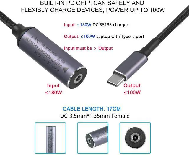 Alt view image 2 of 7 - BUCIER PD 100W DC 3.5mm x 1.35mm Female Input to USB Type C Male Power Charging Cable, DC35135 to Type C Extension Cable with PD Automatic Identification Chip,for Phones,Tablets,Laptops