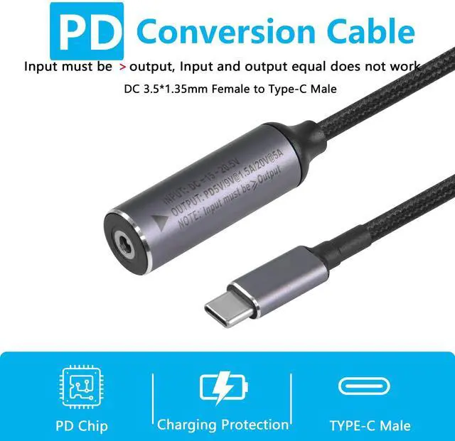 Alt view image 5 of 7 - BUCIER PD 100W DC 3.5mm x 1.35mm Female Input to USB Type C Male Power Charging Cable, DC35135 to Type C Extension Cable with PD Automatic Identification Chip,for Phones,Tablets,Laptops