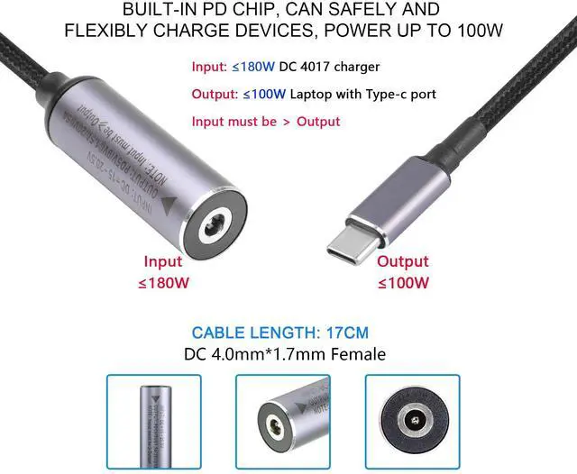 Alt view image 2 of 6 - BUCIER PD 100W DC4017 to Type C Power Charging Cable, DC 4.0x1.7mm Female Input to USB Type C Male Extension Cable with PD Automatic Identification Chip,for Phones,Tablets,Laptops