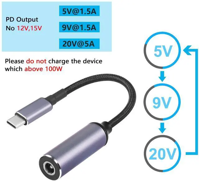 Alt view image 5 of 7 - BUCIER PD 100W Laptop Charger Adapter Cable DC 5.5mm x 2.1mm Female Input to USB Type C Male Power Charging Cable DC5521 to USB C Cable with PD Automatic Identification Chip,for Phone,Tablet,Laptop