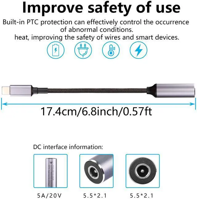 Alt view image 3 of 7 - BUCIER PD 100W Laptop Charger Adapter Cable DC 5.5mm x 2.1mm Female Input to USB Type C Male Power Charging Cable DC5521 to USB C Cable with PD Automatic Identification Chip,for Phone,Tablet,Laptop