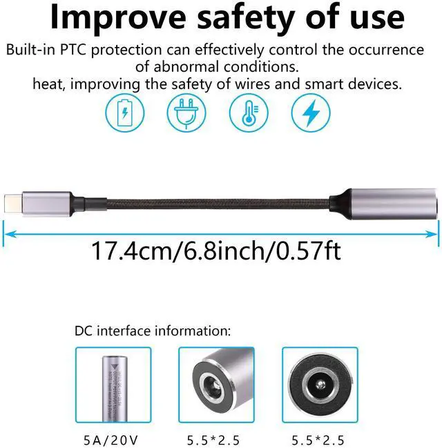 Alt view image 3 of 7 - BUCIER PD 100W Laptop Charger Adapter Cable DC 5.5mm x 2.5mm Female Input to USB Type C Male Power Charging Cable DC5525 to USB C Cable with PD Automatic Identification Chip,for Phone,Tablet,Laptop