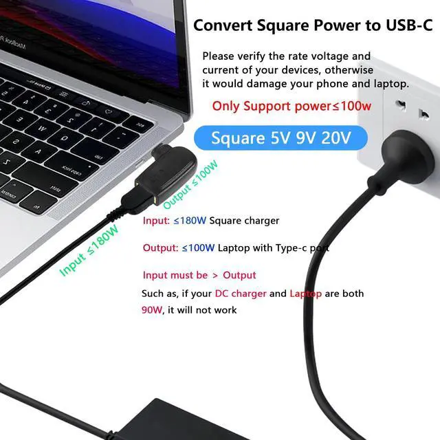 Alt view image 2 of 7 - BUCIER 100W PD Slim Tip to Type C Power Charging Adapter Square Female to USB C Male Connector,Uilt-in with PD Automatic Identification Induction Chip,for Laptops (Square C)
