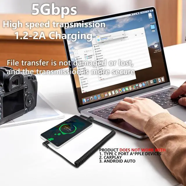 Alt view image 4 of 7 - BUCIER 90 Degree USB Type C Spring Cable 5Gbps Retractable USB3.0 to USB C Charging Cable and Data Transfer for Phone, Tablet, Other USB C Devices (Up)