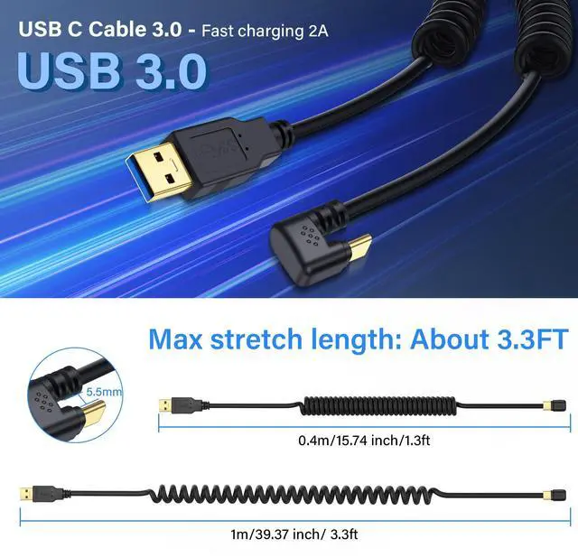 Alt view image 5 of 7 - BUCIER USB Type C Coiled Cable 5Gbps Retractable 90 Degree USB3.0 to USB C Charging Cable and Data Transfer for Phone, Tablet, Other USB C Devices (M to U)