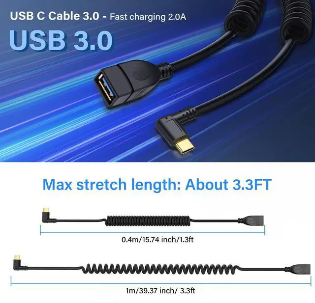 Alt view image 5 of 6 - BUCIER USB Type C Coiled Cable 5Gbps Retractable 90 Degree USB3.0 Female to USB C Male Charging Cable and Data Transfer for Phone, Tablet, Other USB C Devices (F/R)
