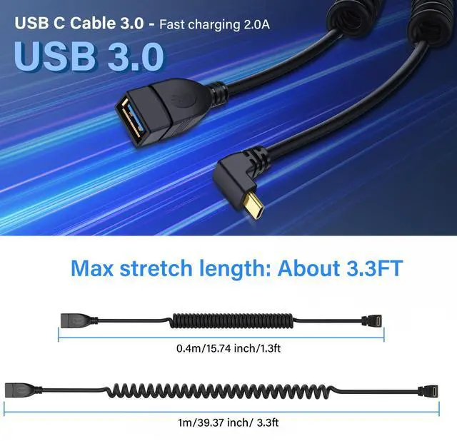 Alt view image 6 of 6 - BUCIER USB Type C Coiled Cable 5Gbps Retractable 90 Degree USB3.0 Female to USB C Male Charging Cable and Data Transfer for Phone, Tablet, Other USB C Devices (F/D)