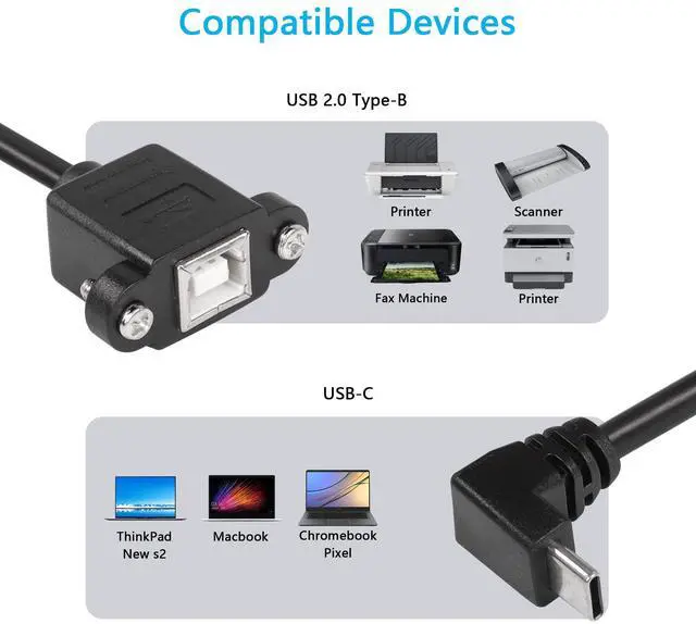 Alt view image 5 of 7 - BUCIER USB C Printer Cable, USB C to USB B Printer Cable, USB B 2.0 Female to USB C Male Printer Cable with Panel Mount Screw Holes for Printers, MIDI Controller DJ Controller(Panel Mount - 0.3M)
