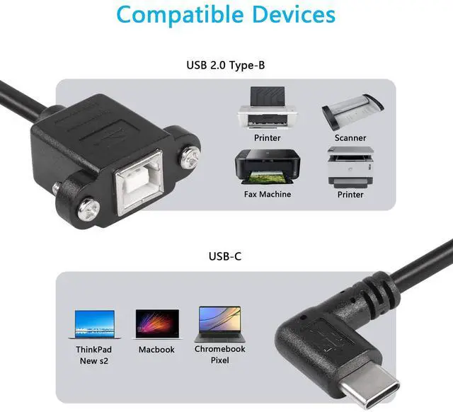 Alt view image 6 of 7 - BUCIER USB C to USB B Printer Cable with Panel Mount Screw Holes, 0.3M, Male-to-Female, 480 Mbps, Compatible with Printer, MIDI & DJ Controller