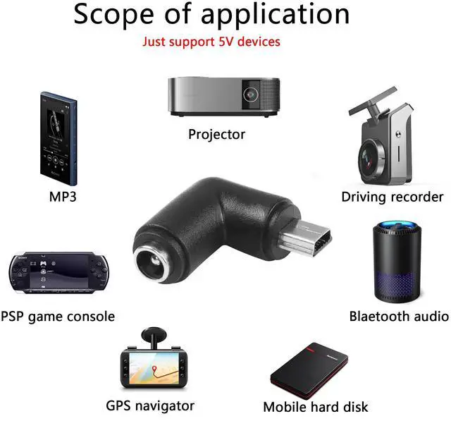 Alt view image 6 of 6 - BUCIER 5pcs 90 Degree DC5521 to Mini USB Adapters DC 5.5x2.1mm Female to Mini USB Male Connector 5V Power Supply Charge Adapter for Sound,Camera,Desk Lamps,Small Fan