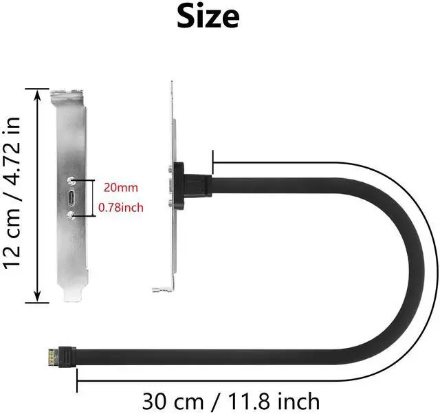 Alt view image 7 of 7 - BUCIER USB 3.1 Front Panel Header Type-C Extension Cable with Panel Mount Screw 10 Gbps Type-E 20Pin Male to USB-C Female Adapter Cable with Full Height Bracket,30cm/11.8inch (1 Port)