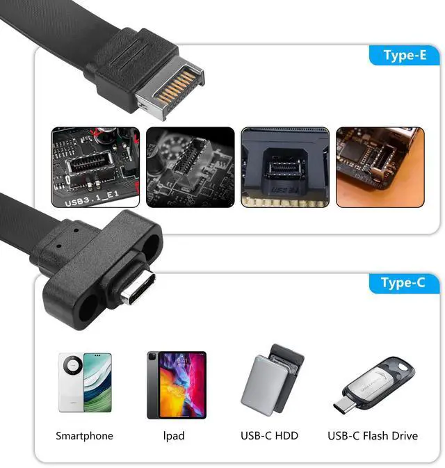 Alt view image 2 of 7 - BUCIER USB 3.1 Front Panel Header Type-C Extension Cable Type-E 20Pin Male to USB-C Female Cable with Panel Mount Screw 10 Gbps 30cm/11.8inch