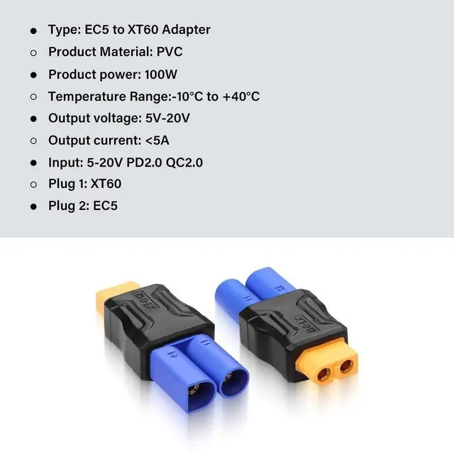 Alt view image 6 of 6 - BUCIER 2 Pack EC5 to XT60 Connector Adapter Wireless for RC FPV Drone Car Lipo Battery Charger ESC (EC5 Male to XT60 Female)