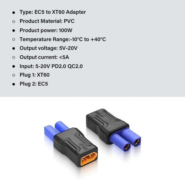 Alt view image 6 of 6 - BUCIER 2 Pack EC5 to XT60 Connector Adapter Wireless for RC FPV Drone Car Lipo Battery Charger ESC (EC5 Female to XT60 Male)