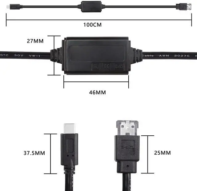 Alt view image 2 of 7 - BUCIER USB-C Type-C to eSATA Adapter Cable 5Gbps USB C to Power eSATA Converter Cable 5V for HDD/SSD/ODD Laptop PC - 3 ft/1M