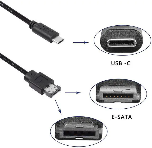 Alt view image 3 of 7 - BUCIER USB-C Type-C to eSATA Adapter Cable 5Gbps USB C to Power eSATA Converter Cable 5V for HDD/SSD/ODD Laptop PC - 3 ft/1M