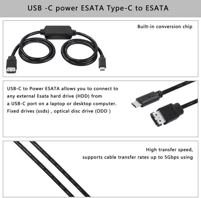 Alt view image 6 of 7 - BUCIER USB-C Type-C to eSATA Adapter Cable 5Gbps USB C to Power eSATA Converter Cable 5V for HDD/SSD/ODD Laptop PC - 3 ft/1M
