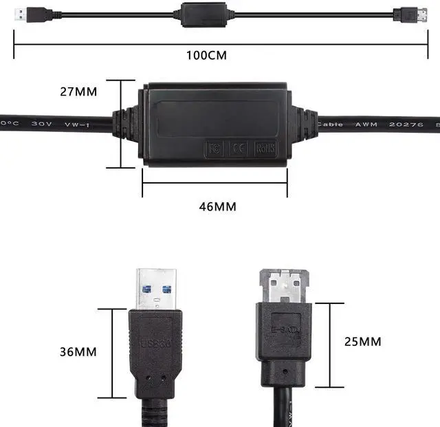 Alt view image 2 of 6 - BUCIER USB to eSATA Adapter Cable 5Gbps USB 3.0 to Power eSATA Converter Cable 5V for HDD/SSD/ODD Laptop PC - 3 ft/1M