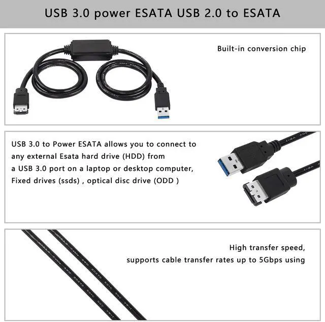 Alt view image 3 of 6 - BUCIER USB to eSATA Adapter Cable 5Gbps USB 3.0 to Power eSATA Converter Cable 5V for HDD/SSD/ODD Laptop PC - 3 ft/1M