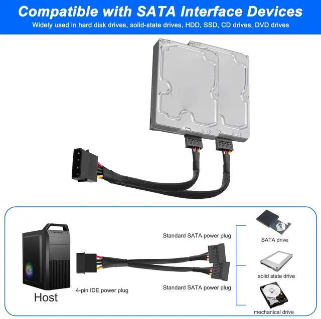 Alt view image 4 of 7 - BUCIER IDE to Dual SATA Power Y Splitter Cable 4 Pin IDE Male to Dual SATA 15 pin Female Splitter Supply Power Cord Extension Cable for HDD SSD DVD Hard Disk Drive - 2PCS