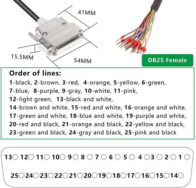 Alt view image 3 of 7 - BUCIER DB25 Connector Adapter RS232 25 Pin Serial Extension Cable Solderless 25-Pin Port Breakout Replacement Cable with Bare Wire - 1M/3.2Ft (DB25 Female)