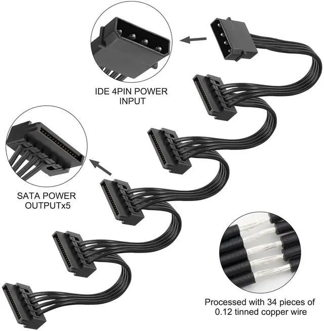 Alt view image 4 of 7 - BUCIER 4 Pin IDE to SATA Power Cable IDE Male to 5 x 15 Pin SATA Female Splitter Power Supply Cable Converter to SATA Extension Cable for DIY PC Server Hard Drive Hard Disk