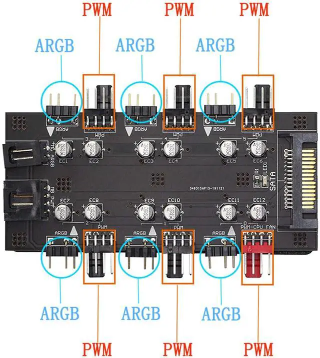 Alt view image 2 of 7 - BUCIER 12V 4Pin PWM & 5V 3Pin ARGB with SATA 15Pin Power 2-in-1 Hub 6 Way Sync CPU Cooling Fan Addressable RGB Lighting PCB Splitter for Extended Motherboard Interface -Black Compatible With Desktop