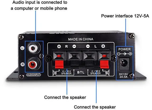 Alt view image 5 of 7 - BUCIER 12V HiFi Stereo Audio Amplifier for Car 2 Channel HiFi Bass Audio Subwoofer Amp for Cars CD DVD MP3 Player Speakers