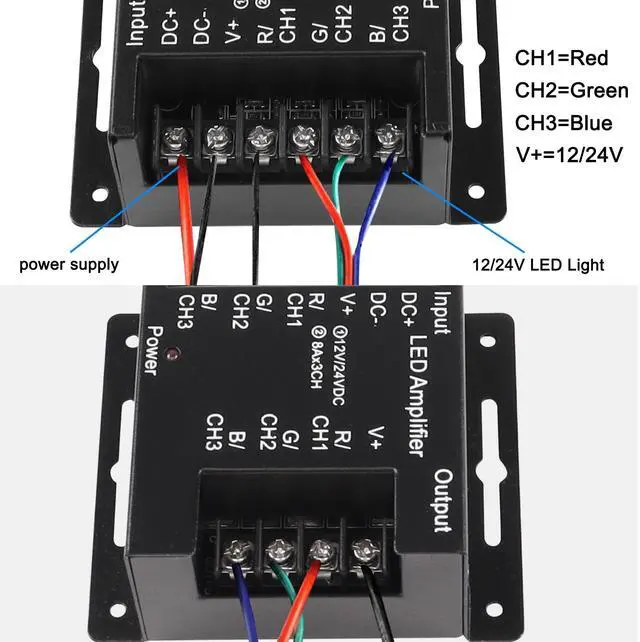 Alt view image 5 of 7 - BUCIER RGB LED Amplifier 3-Channel Signal Repeater DC 12V-24V 8A/CH Dimmer Power Amplifier Controller for LED Strip Lights-1 PCS