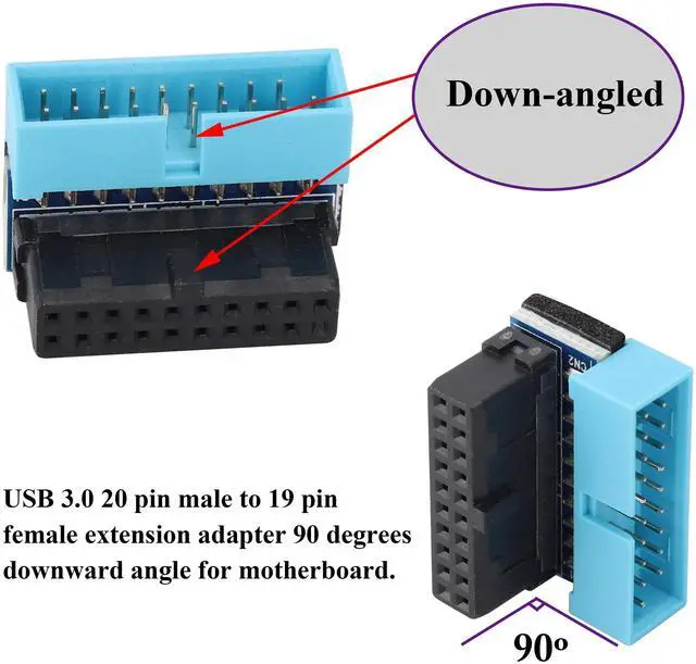 Alt view image 4 of 7 - BUCIER 2 Pack Down Right Angle USB 3.0 19-pin Connector 90 Degree 19Pin/20Pin 3.0 USB Female to Male Extension Power Adapter Board for Desktop Motherboard Internal Header Adapter(Down/Blue-20Pin)