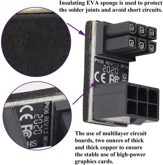 Alt view image 4 of 7 - BUCIER (2Pack 180 Degree ATX 6Pin Female to Male Connector PCI 6 Pin to 6 Pin PCI Express Video Card Power Adapter for Desktop Graphics Card (Down/6 Pin)