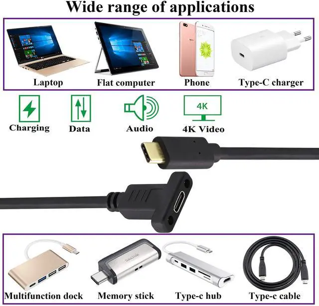 Alt view image 6 of 7 - BUCIER Panel Mount Type C USB Extension Cable 4K&60hz 10Gbps USB 3.1Type C Male to Female Screw Panel Mount Cable,Supports Fast Charging,4K HD Vedio,Audio Transfer,Data Sync Extend Cord(0.6M/2ft)