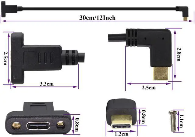 Alt view image 2 of 7 - BUCIER Right&Left Angled 3.1Type C Cable Gen 2 (3A) 90 Degree USB 3.1 Type C Male to Female Panel Mount Screw Cable,Supports Charging,Data,Audio,Video Cable for Laptop,Tablet,Mobile Phone(0.3M/1ft)