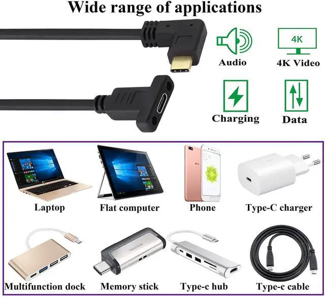Alt view image 7 of 7 - BUCIER 90 Degree 3.1Type C Cable10Gbps Right & Left Angle USB 3.1 Type C Male to Female Panel Mount Cable,Supports Charging,Data,Audio,Video Cable Compatible Samsung S10 S9 S8,MacBook(0.6M/2ft)