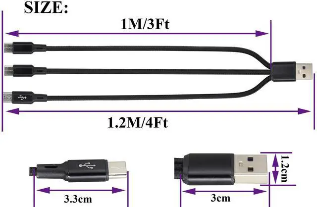 Alt view image 2 of 7 - BUCIER 2 Pack/4FT Multi USB C Cable 3 in 1 Multiple Type C Charging 2A Splitter USB C Charger,Nylon Cord USB A Male to 3 USB C Male Port,Compatible for iPad Pro/Air,Samsung S23 Android(Black-3Type C)